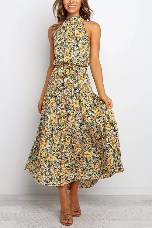 Print Belted Sleevelss Maxi Dress