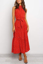 Print Belted Sleevelss Maxi Dress