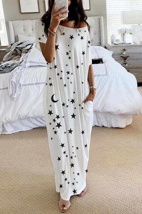 Moon Star Print Pockets Maxi Dress