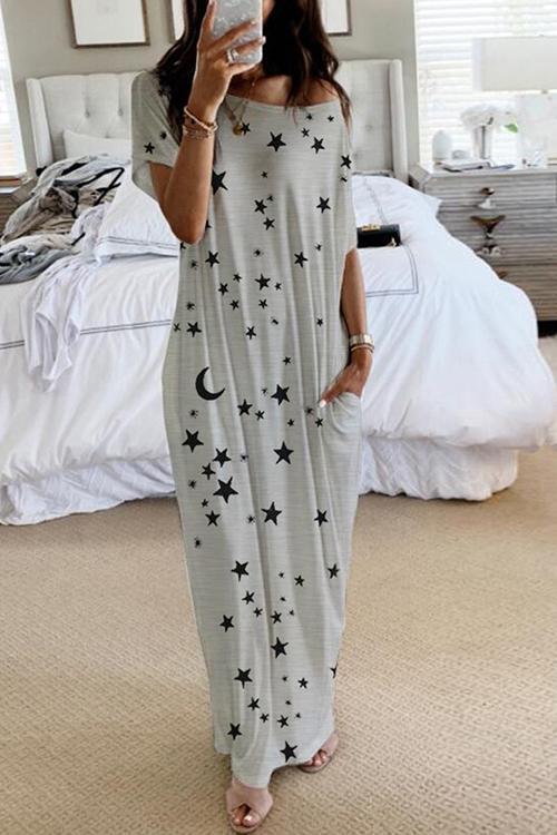 Moon Star Print Pockets Maxi Dress