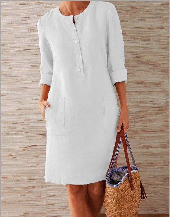 Casual Long Sleeve O-Neck Button Up Midi Dress