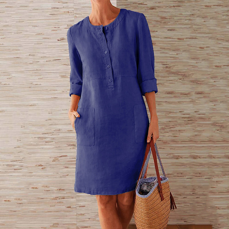 Casual Long Sleeve O-Neck Button Up Midi Dress