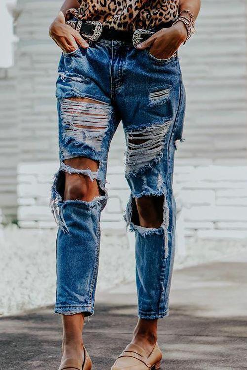 Crazy Hole High Waist Loose Jeans