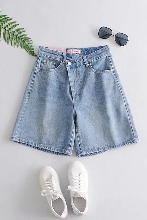 Cross Waist Denim Bermuda Shorts