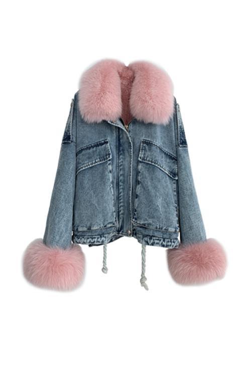 Detachable Fuzzy Faux Fur Collar Denim Coat