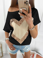 Women's T-Shirts Love Sequins Diagonal Neck Short Sleeve T-Shirt