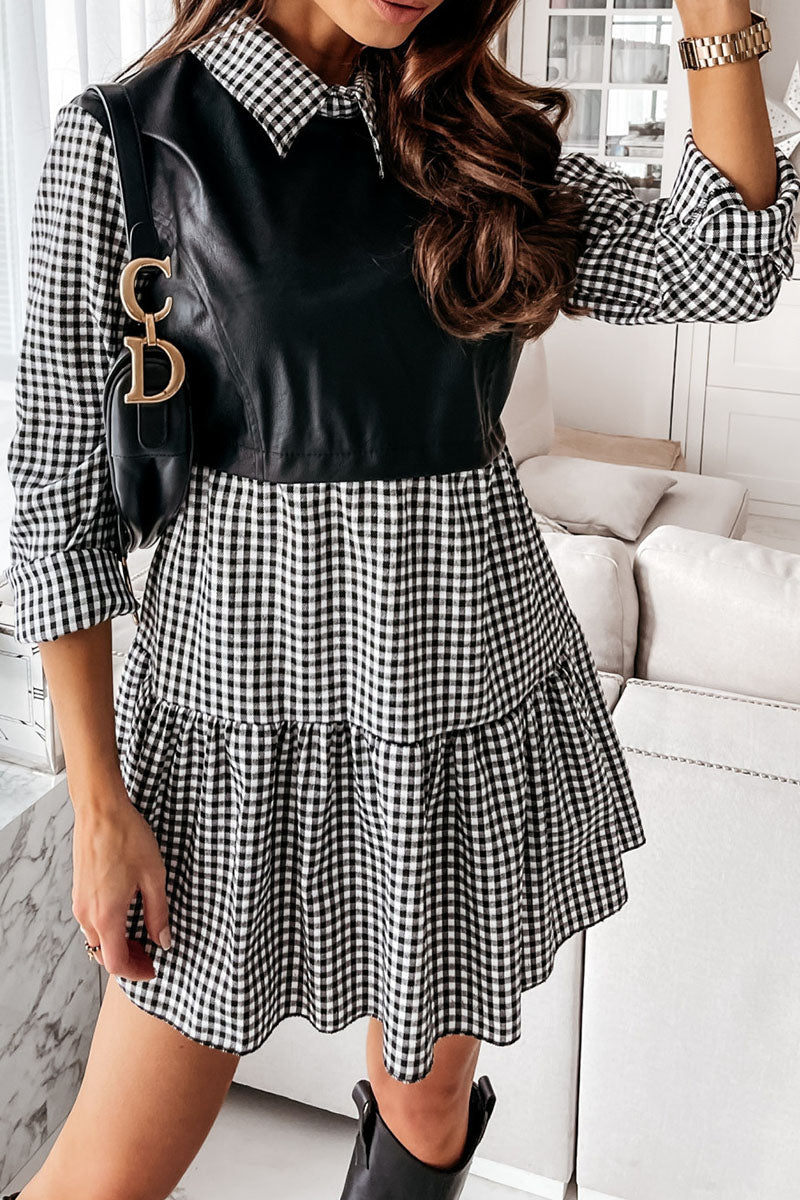 Fashion Sexy Plaid Solid Patchwork Shirt Collar Shirt Dress Dresses(3 Colors)