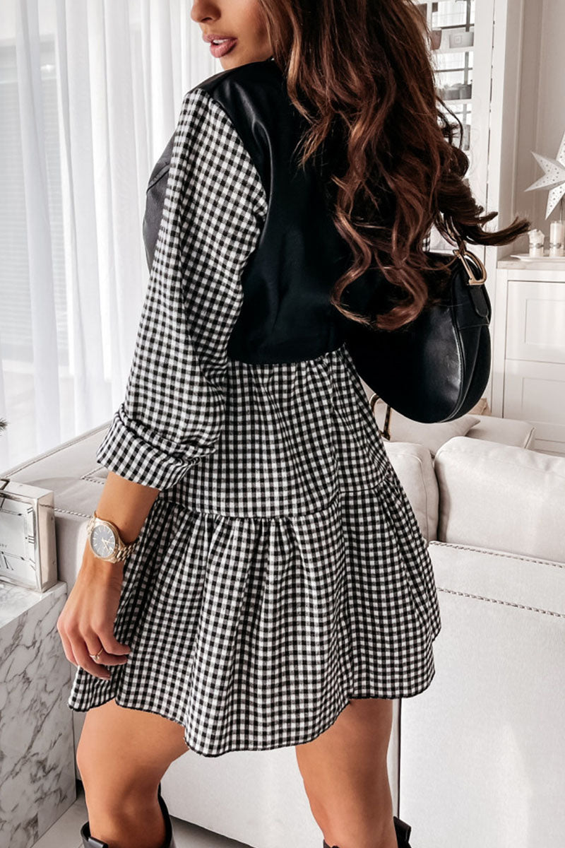 Fashion Sexy Plaid Solid Patchwork Shirt Collar Shirt Dress Dresses(3 Colors)