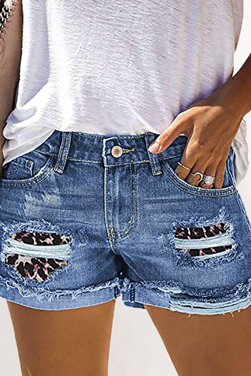 Fashion Street Patchwork Ripped Mid Waist Straight Denim Shorts