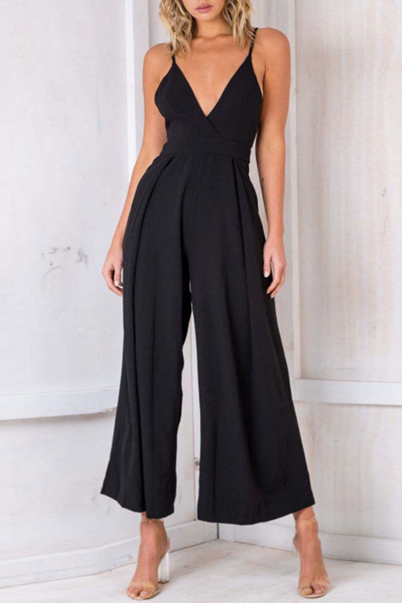 Fashion Solid Backless V Neck Loose Jumpsuits(3 Colors)