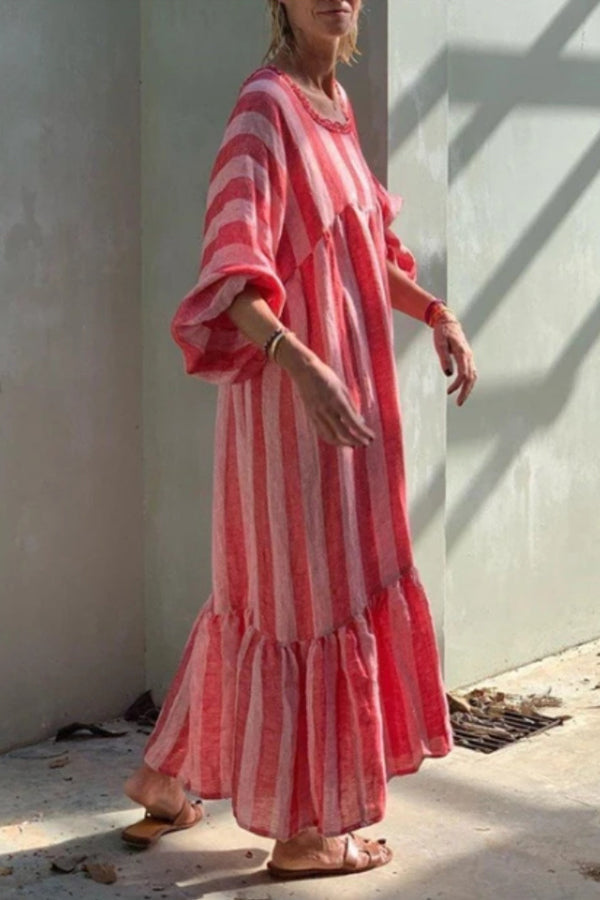 Stripe Square Neck Ruffles Maxi Dress