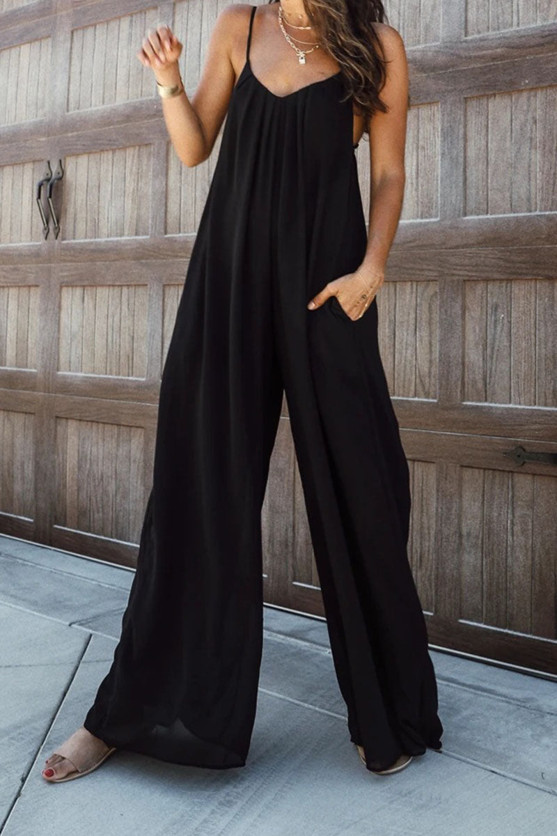 Fashion Living Solid Patchwork Spaghetti Strap Loose Jumpsuits