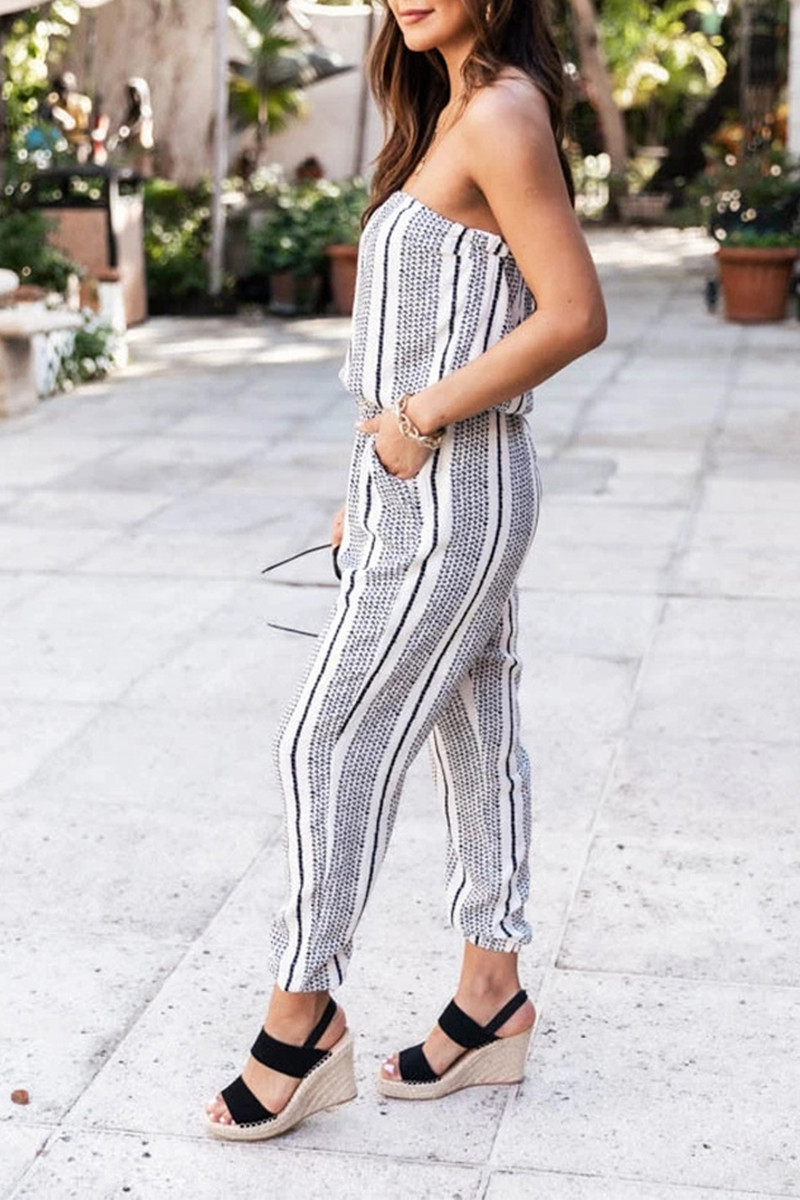 Casual Print Frenulum Fold Strapless Regular Jumpsuits