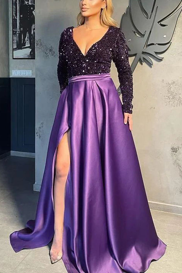 Gorgeous Long Sleeves V-Neck Sequ Satin Prom Dress