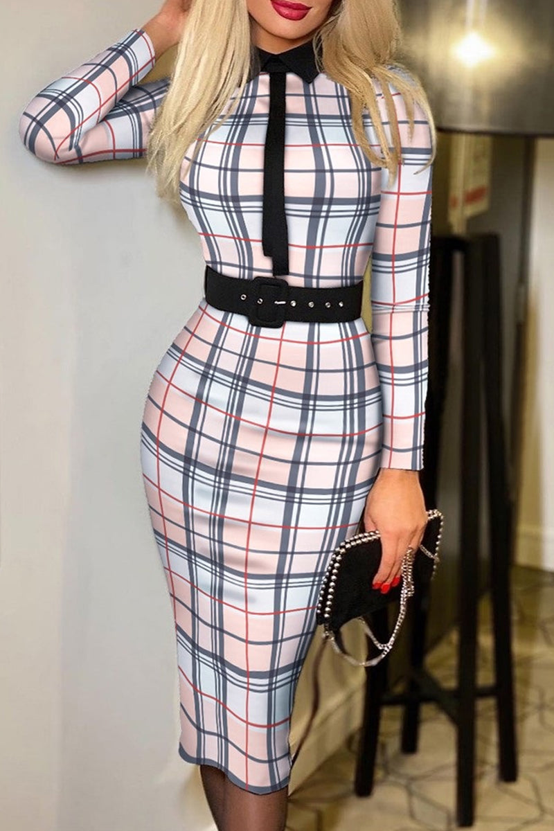 Fashion Casual Print Patchwork With Belt Turndown Collar Long Sleeve Dresses