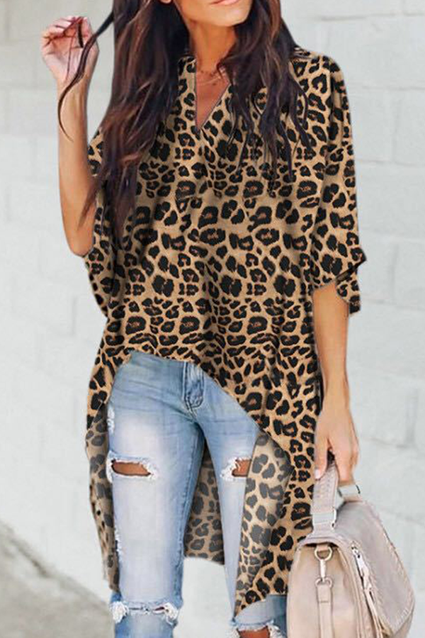 Fashion Solid Leopard Patchwork Asymmetrical V Neck T-Shirts(6 Colors)