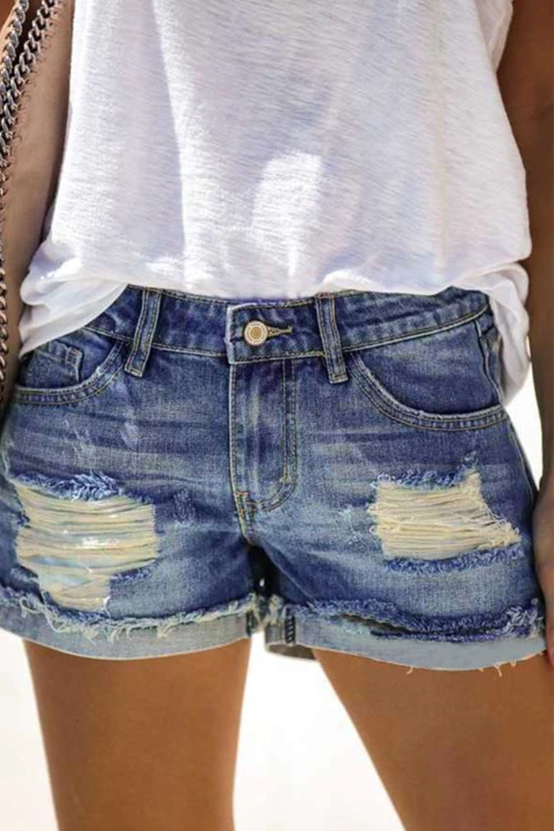 Casual Solid Ripped Mid Waist Regular Denim Shorts