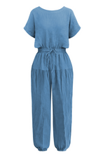 Casual Solid Patchwork O Neck Harlan Jumpsuits(4 Colors)