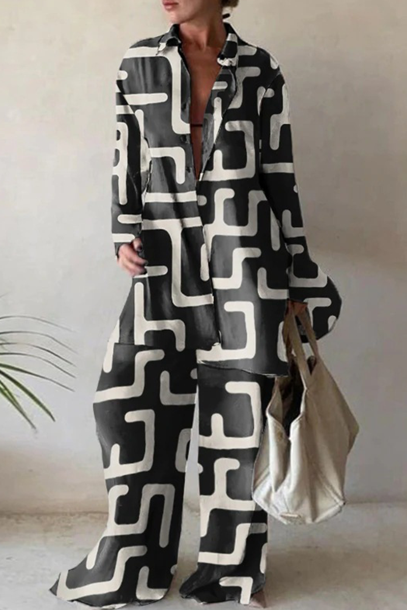 Casual Print Patchwork Turndown Collar Long Sleeve Two Pieces