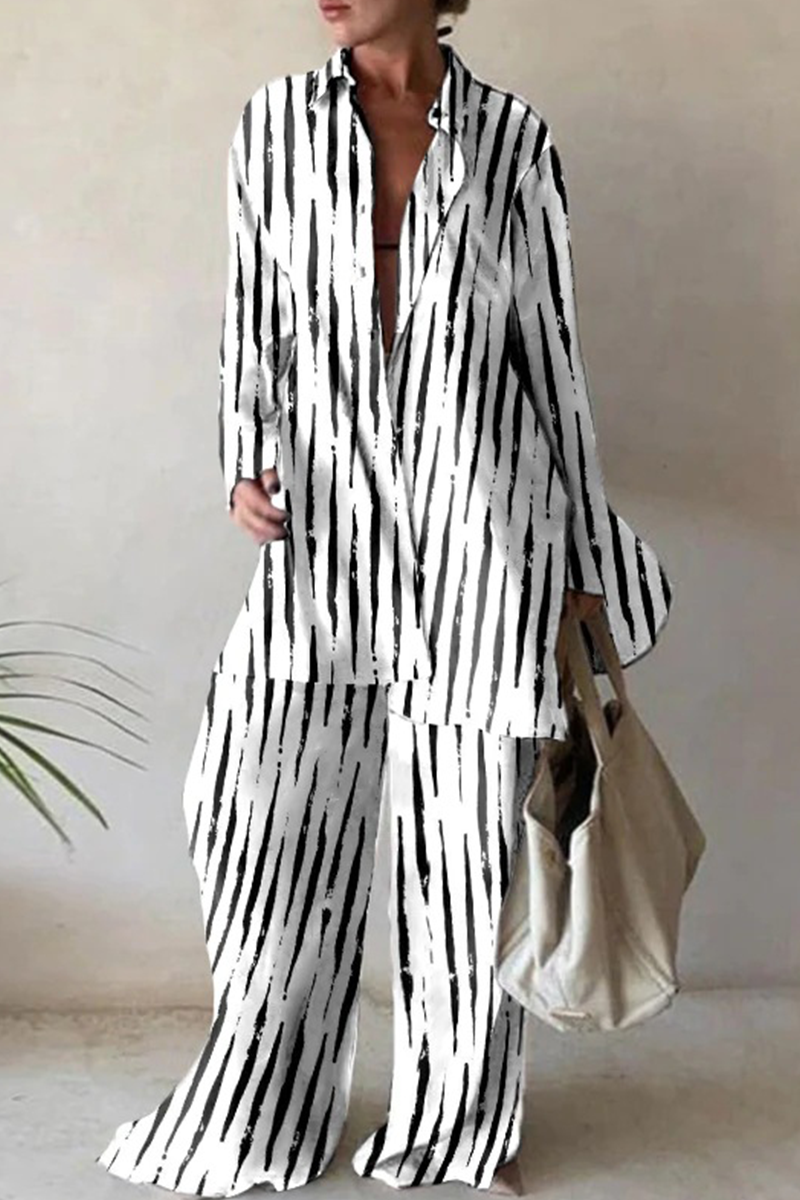 Casual Print Patchwork Turndown Collar Long Sleeve Two Pieces