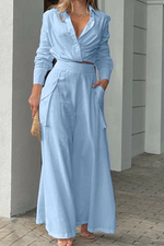 Button Cross Wrap Blouse Wide Leg Pants Set