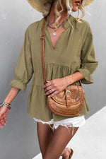 Casual Solid Flounce Fold V Neck Tops(5 Colors)