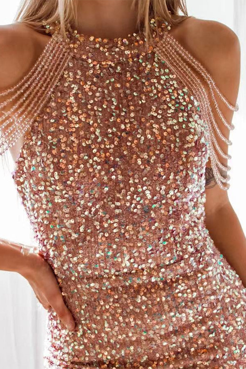 Sexy Solid Sequins Patchwork Strapless Wrapped Skirt Dresses