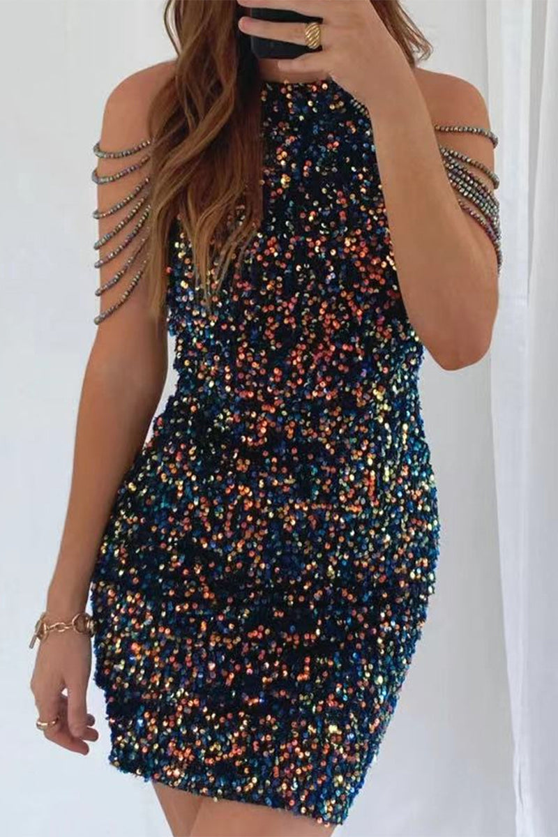 Sexy Solid Sequins Patchwork Strapless Wrapped Skirt Dresses