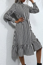 Sweet Elegant Striped Printing Stringy Selvedge Turtleneck A Line Dresses