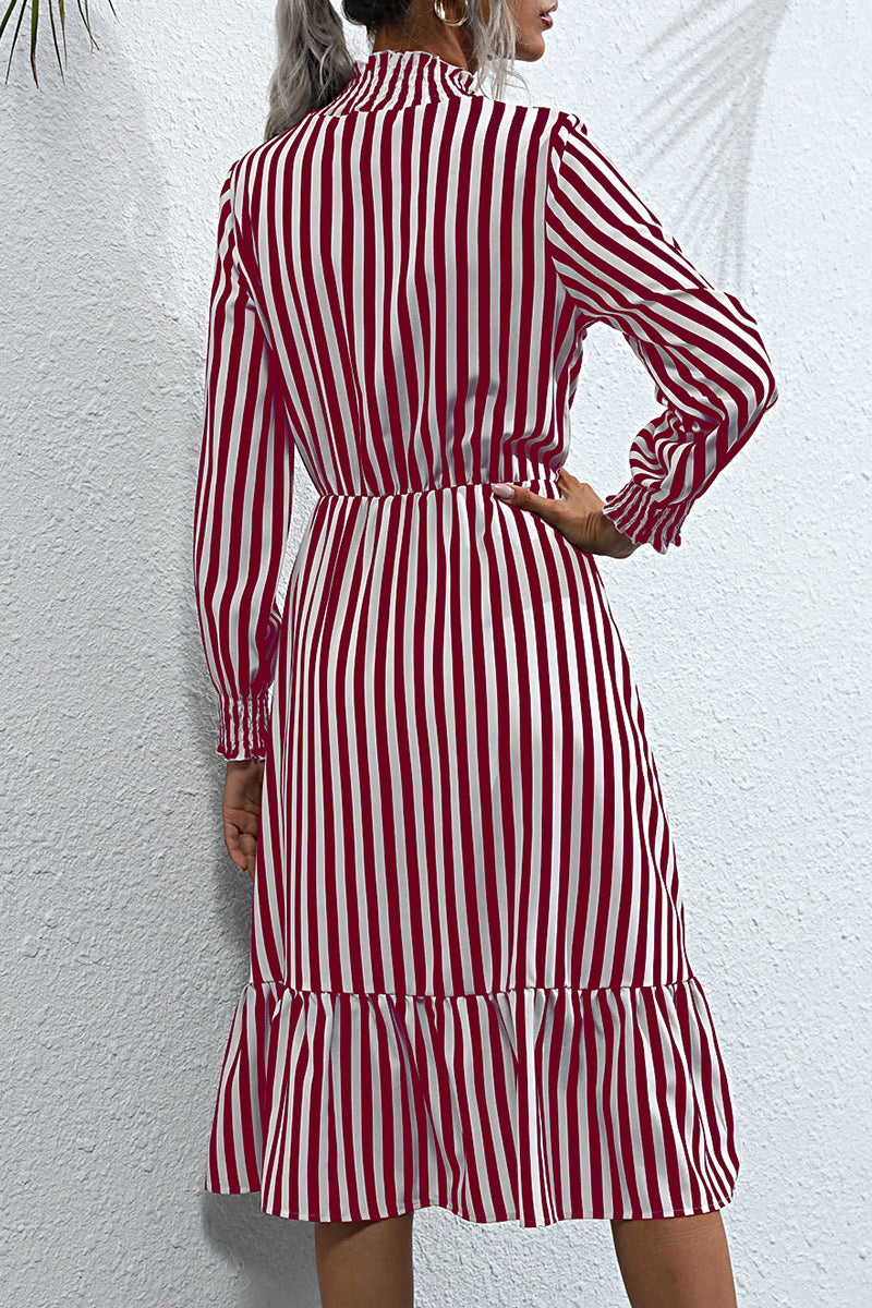 Sweet Elegant Striped Printing Stringy Selvedge Turtleneck A Line Dresses