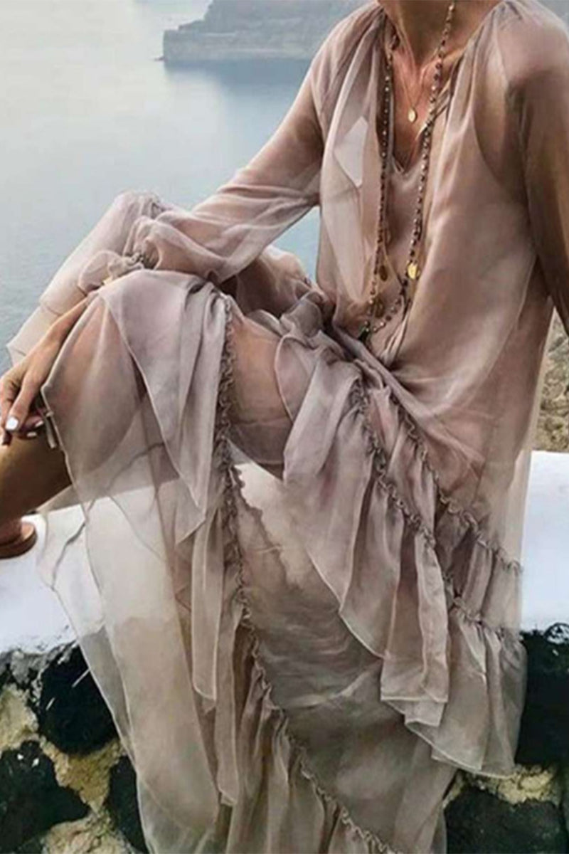 Sweet Bohemian Elegant Frenulum See-through V Neck Irregular Dresses