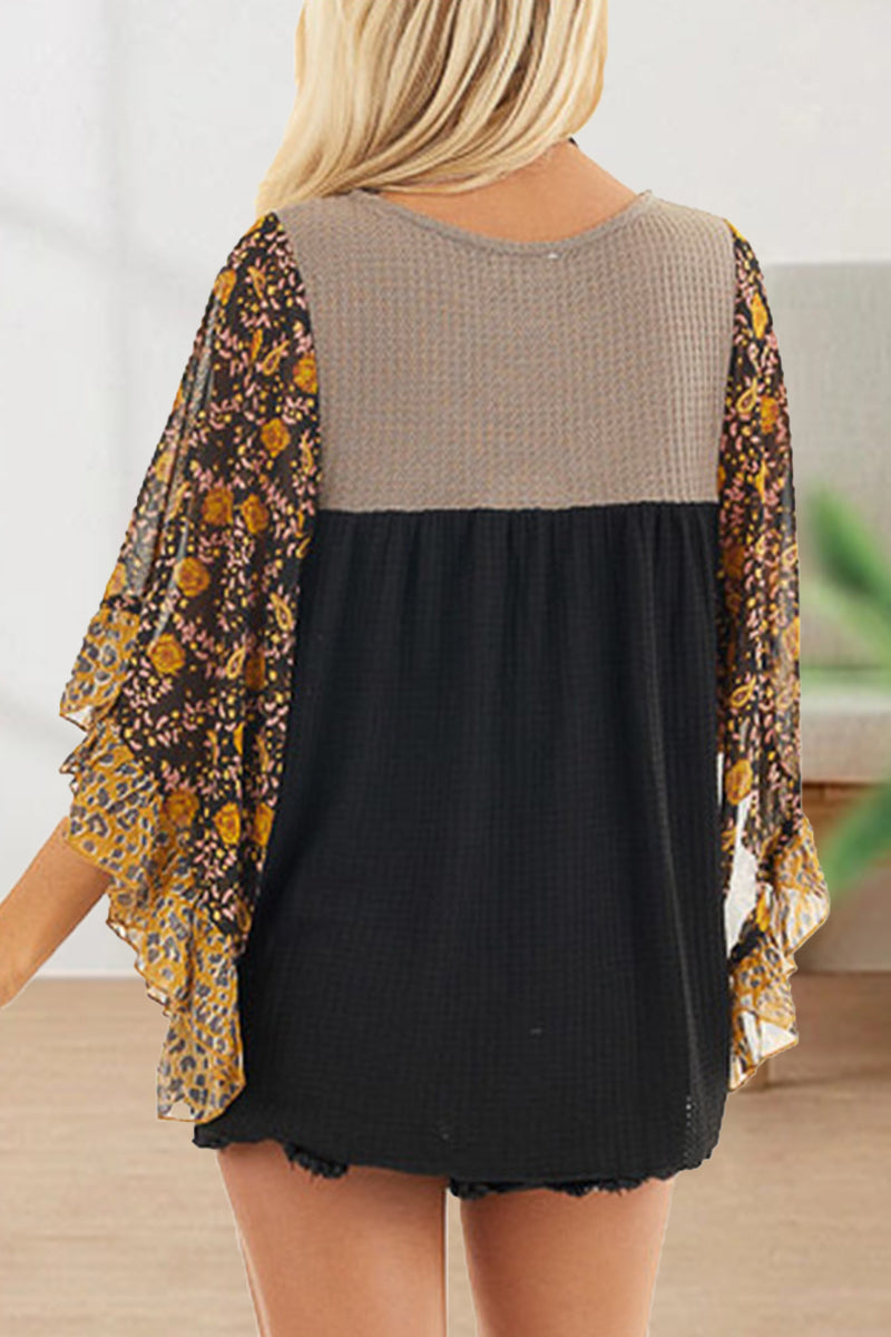 Casual Print Contrast O Neck Tops