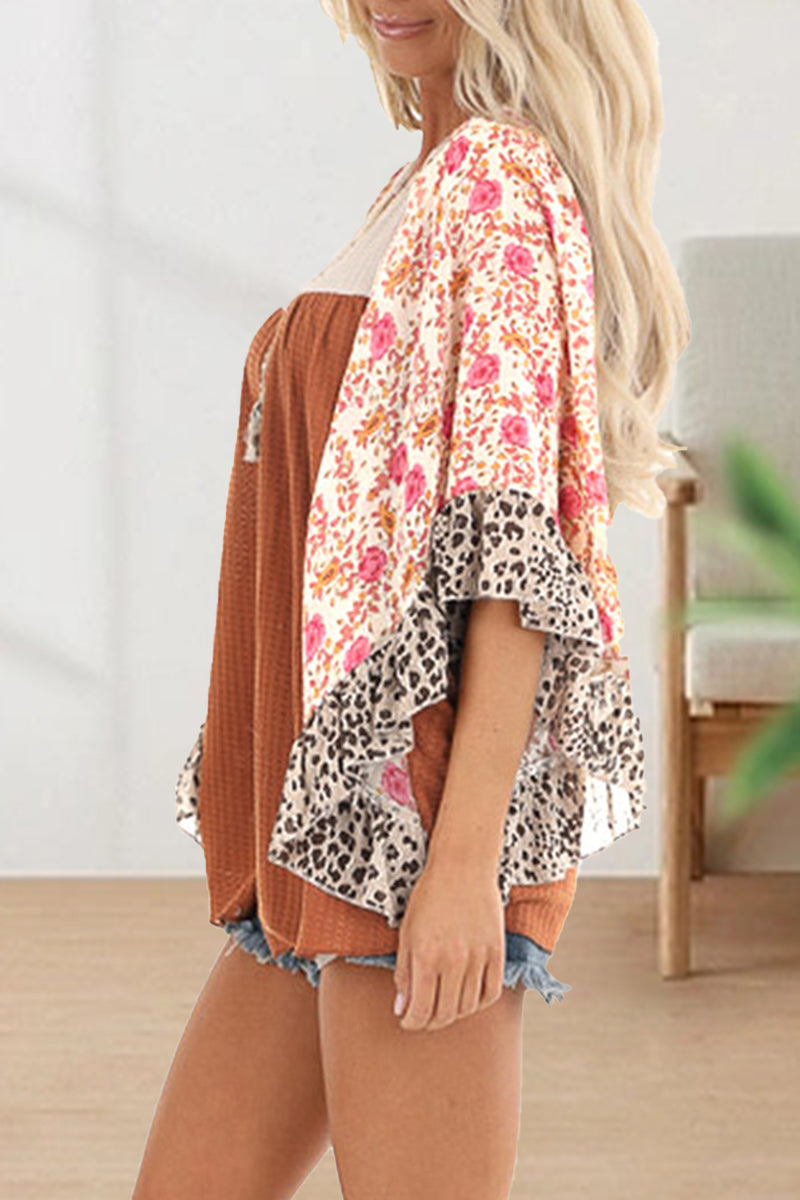 Casual Print Contrast O Neck Tops