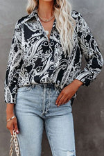 Bohemian Print Patchwork Printing Turndown Collar Tops