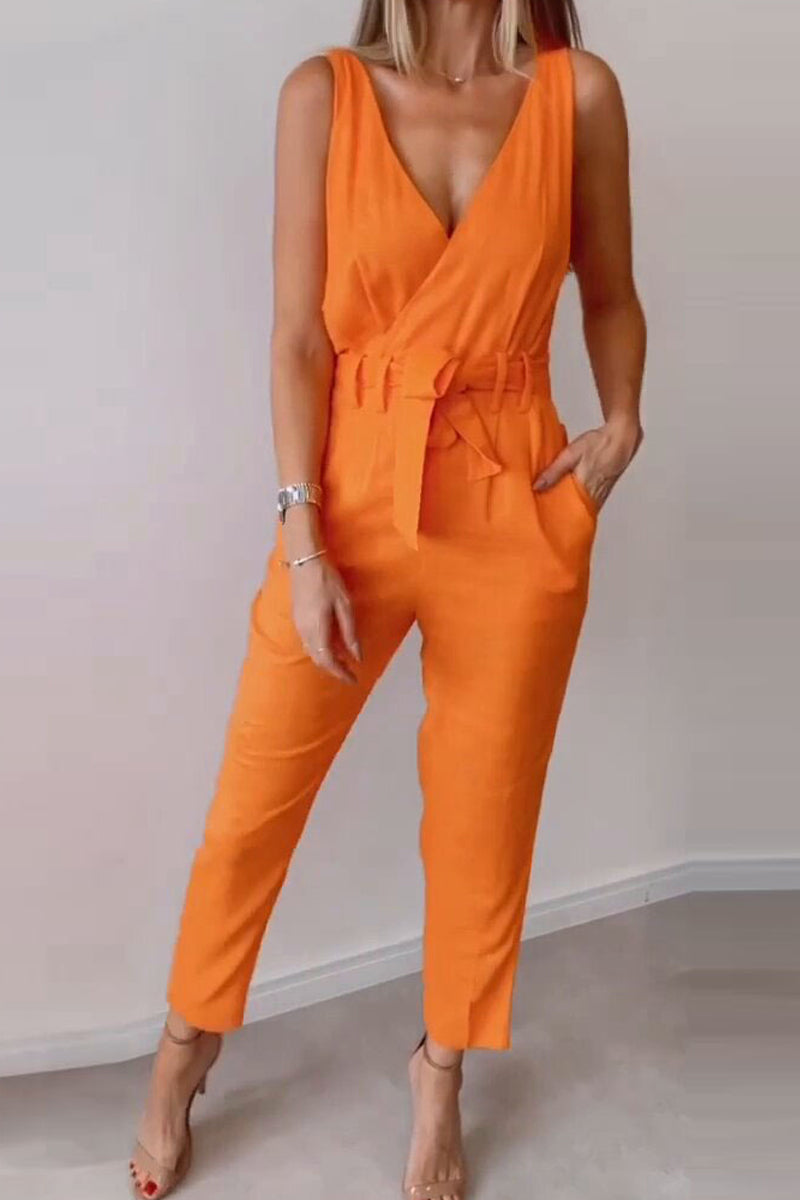 Casual Simplicity Solid Frenulum Solid Color V Neck Regular Jumpsuits(5 Colors)