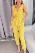 Casual Simplicity Solid Frenulum Solid Color V Neck Regular Jumpsuits(5 Colors)