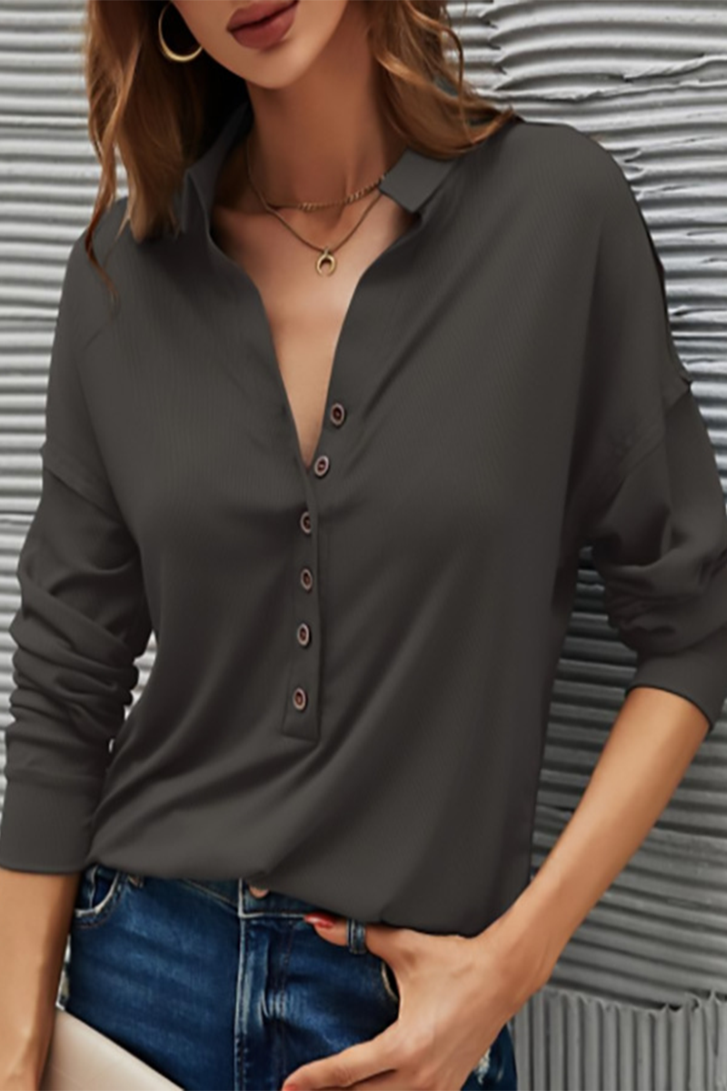 Casual Solid Buttons Solid Color Turndown Collar T-Shirts(9 Colors)