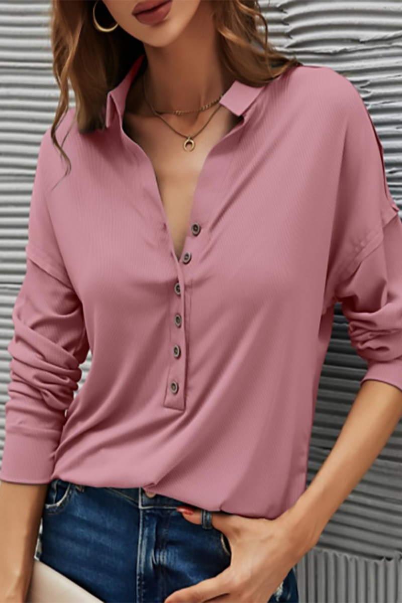 Casual Solid Buttons Solid Color Turndown Collar T-Shirts(9 Colors)