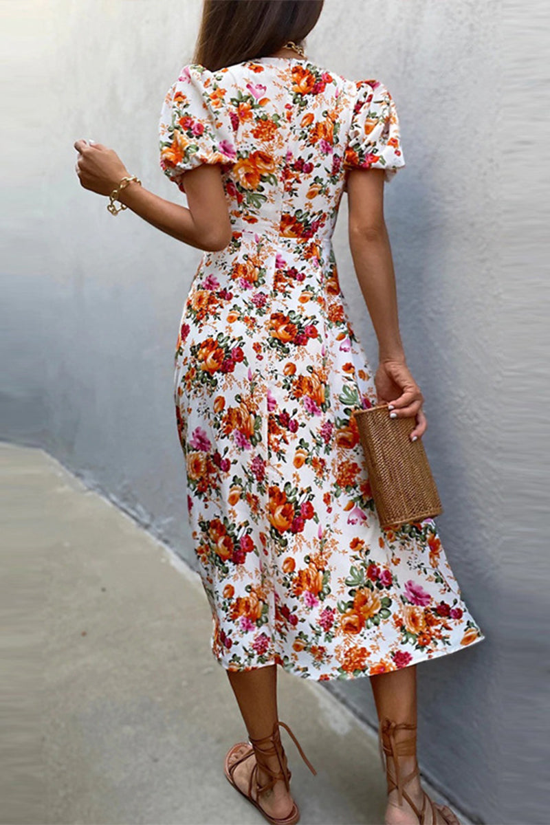 Sweet Elegant Print Printing V Neck A Line Dresses(6 Colors)