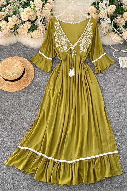 Embroidery Flares Sleeve Maxi Dress