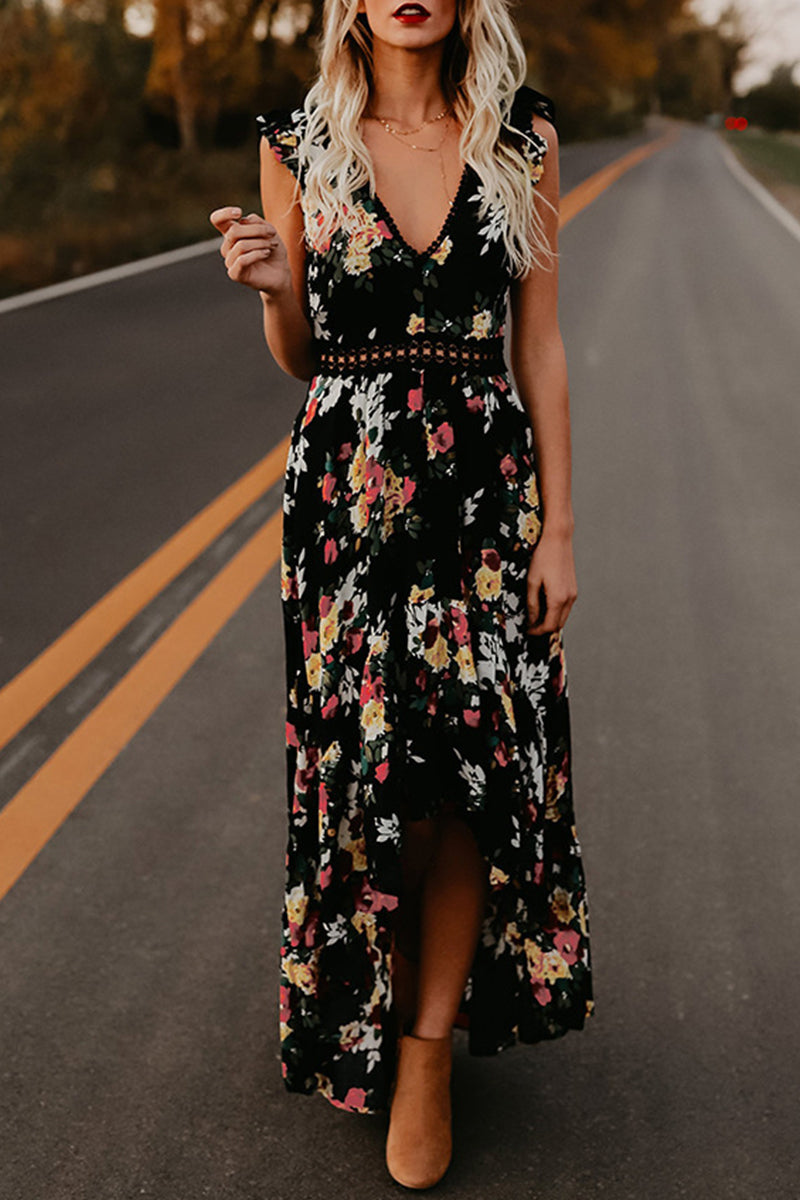 Sweet Elegant Print Backless V Neck Irregular Dress Dresses