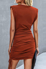 Work Solid Draw String Solid Color O Neck A Line Dresses(3 Colors)