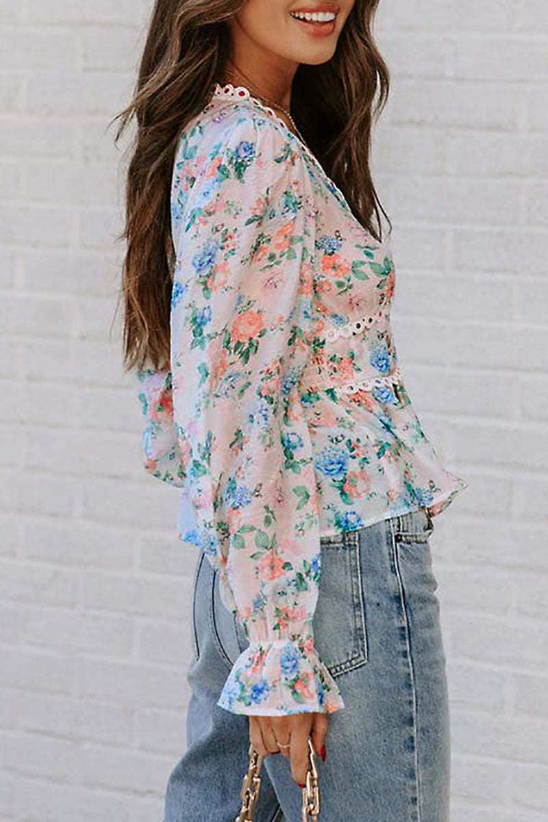 Casual Sweet Print Printing V Neck Tops