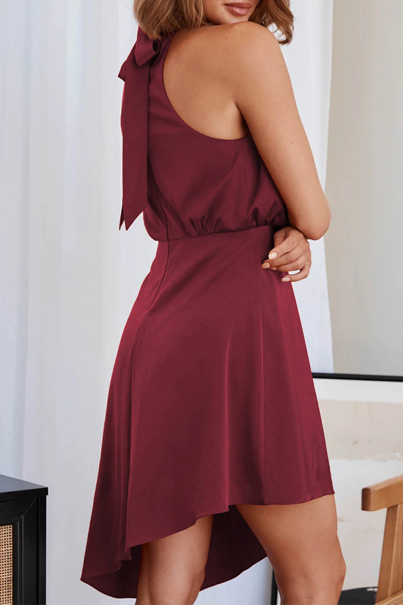 Celebrities Elegant Solid Asymmetrical Halter Irregular Dress Dresses(10 Colors)