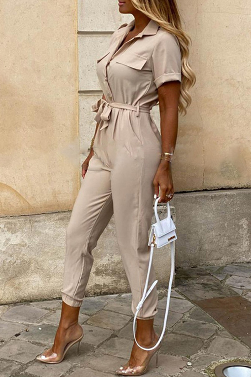 Casual Daily Solid Frenulum With Belt Turndown Collar Regular Jumpsuits