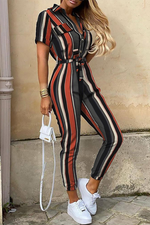 Casual Print Patchwork Turndown Collar Regular Jumpsuits