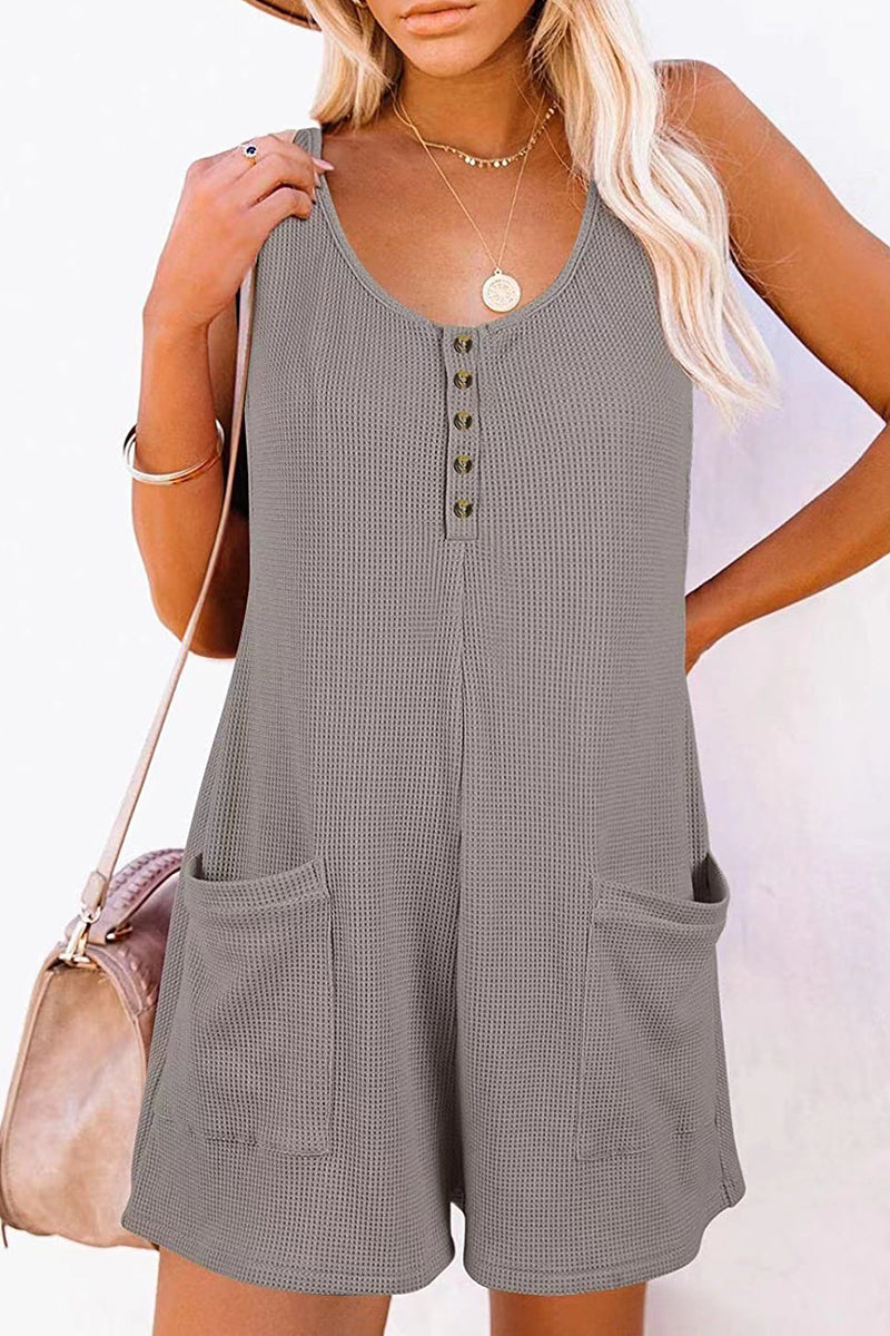 Casual Street Solid Pocket Buttons V Neck Loose Jumpsuits