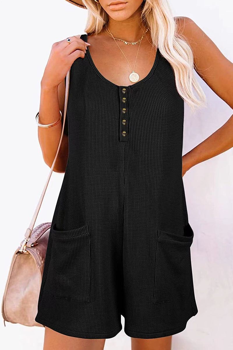 Casual Street Solid Pocket Buttons V Neck Loose Jumpsuits