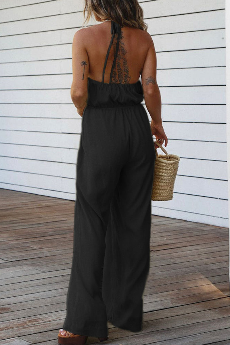 Casual Solid Backless V Neck Regular Jumpsuits(3 Colors)