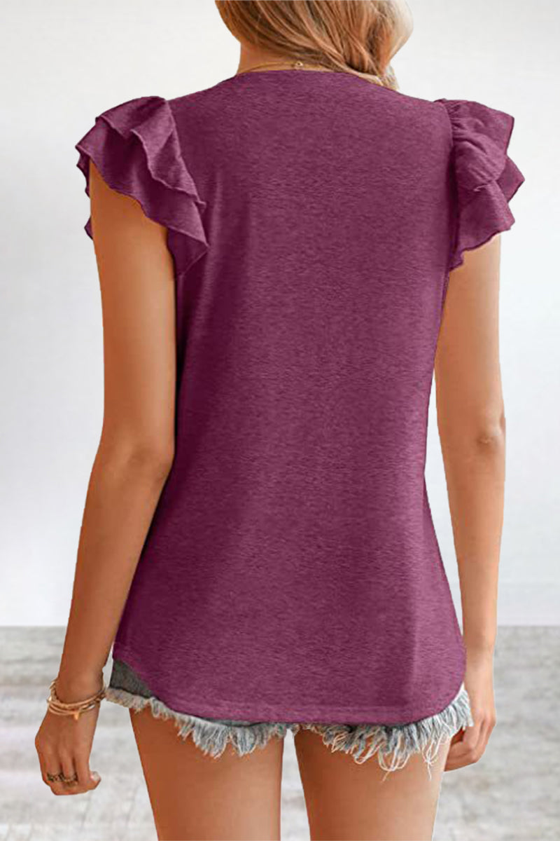 Casual Simplicity Solid Flounce V Neck T-Shirts(5 Colors)